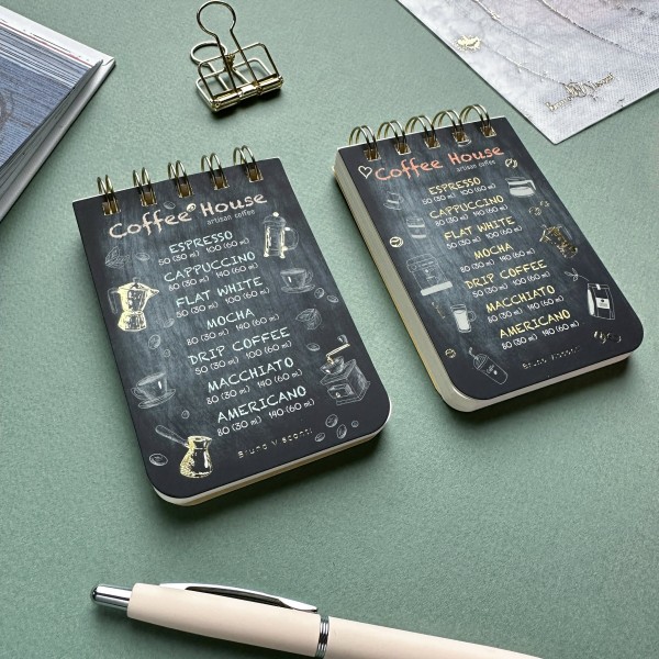 Блокнот 100 листов А7 линия, гребень, твердая обложка Cute journal Coffee house BV бежевая бумага, матовая ламинация, фольга золото, 80гр/м2 3-100-009/04 Bruno Visconti