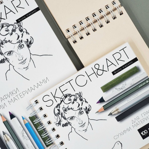 Скетчбук 60 листов А5 180х155 гребень, твердая обложка Sketch&Art пухлая бумага, софт-тач, жесткая подложка, 100г/м2 1-60-564/02 Bruno Visconti
