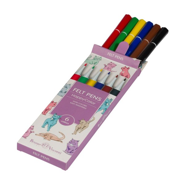 Фломастеры 6 цветов Happycolor вентилируемый колпачок, смываемые, ассорти 32-0024 Bruno Visconti 30/240