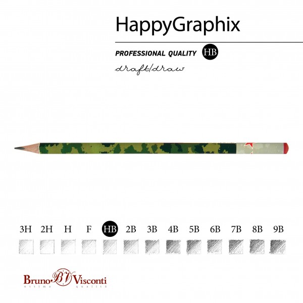 Карандаш чернографитный HB HappyGraphix Милитари 3-гранный, заточенный 21-0030/16 Bruno Visconti 50/300/1800