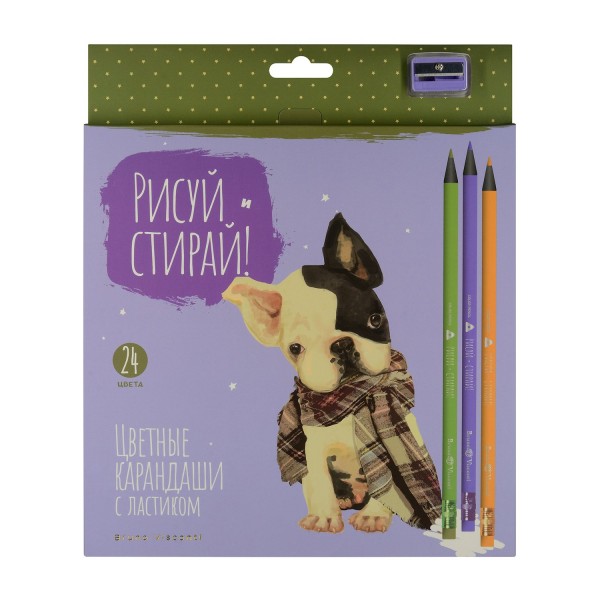 Карандаши цветные 24шт Рисуй и стирай ассорти с ластиком и точилкой 30-0122 Bruno Visconti 12/72