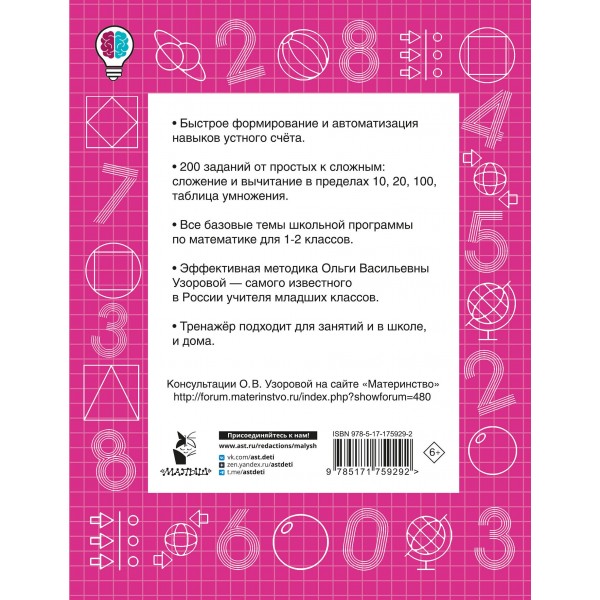 Математические диктанты. Устный счёт. 1-2-й классы. Тренажер. Узорова О.В. АСТ