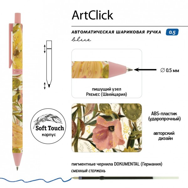 Ручка шариковая автоматическая ArtClick Flora Bloom flowers синяя, 0,5мм 20-0374/02 Bruno Visconti 24/864