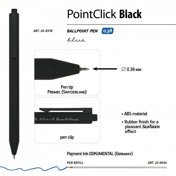 Ручка шариковая автоматическая PointClick Black синяя 0,38мм 20-0378 Bruno Visconti 24/288