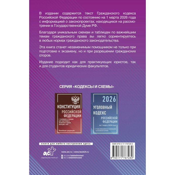 Гражданский кодекс Российской Федерации на 1 марта 2026 года с таблицами и схемами + комментарии (1-ая, 2-ая, 3-я и 4-ая части). 