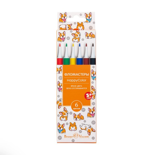 Фломастеры 6 цветов Happycolor вентилируемый колпачок, смываемые, ассорти 32-0024 Bruno Visconti 30/240