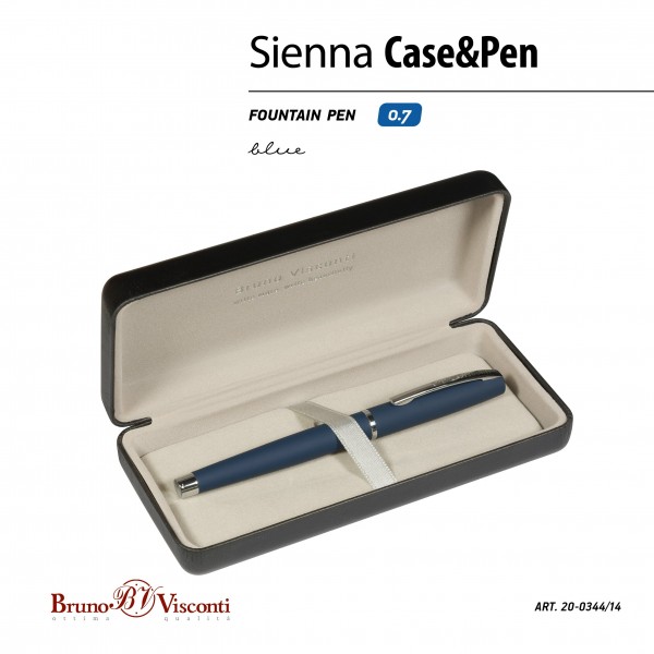 Ручка подарочная перьевая Sienna синяя 0,7мм металлический синий корпус, черный футляр 20-0344-14 Bruno Visconti