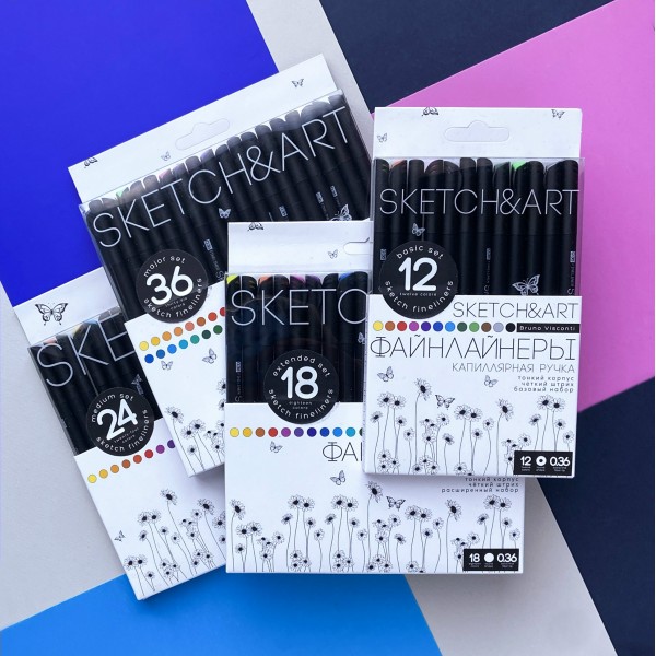 Линер набор 12 цветов Sketch&Art Black edition 0,36мм 36-0017 Bruno Visconti 24/144