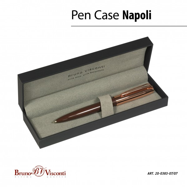 Ручка подарочная шариковая, поворотный механизм NAPOLI синяя 1мм корпус коричневый и розовое золото металлический, черный футляр софт-тач 20-0383-07/07 Bruno Visconti