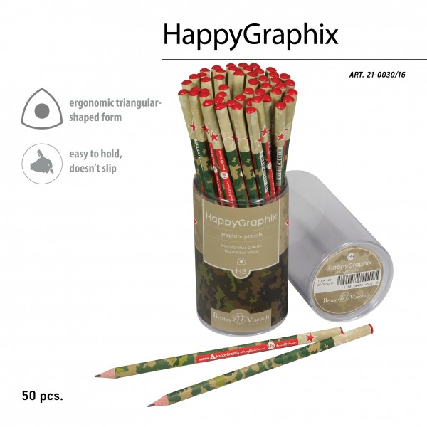 Карандаш чернографитный HB HappyGraphix Милитари 3-гранный, заточенный 21-0030/16 Bruno Visconti 50/300/1800