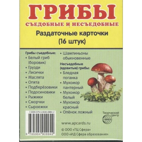 Грибы съедобные и несъедобные. 16 раздаточных карточек 63 х 87. 