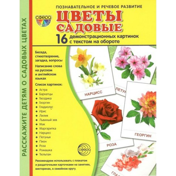 Цветы садовые. 16 демонстрационных картинок с текстом на обороте. 174 х 220. 