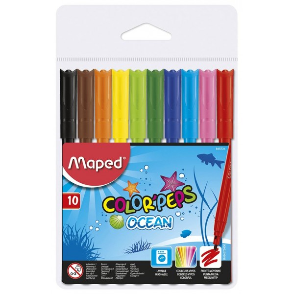 Фломастеры 10 цветов Colorpeps Ocean заблокированный пишущий узел, супер-смываемые 845724 Maped 12/144