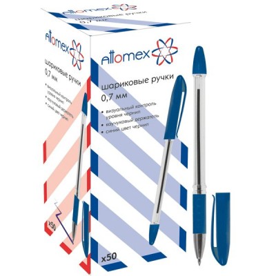 Ручка шариковая Attomex синяя 0,7мм каучуковый грип прозрачный корпус 5073851 deVente