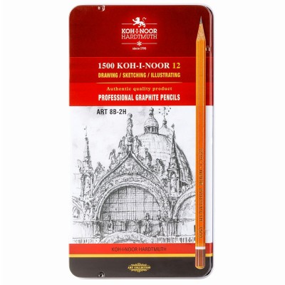 Карандаш чернографитный Набор 12шт 8B-2H ART 6-гранные, заточенные, металлическая коробка 1502/II Koh-I-Noor Карандаш чернографитный Набор 12шт 8B-2H ART 6-гранные, заточенные, металлическая коробка 1502/II Koh-I-Noor