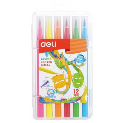 Фломастеры 12 цветов кисточки Color Emotion смываемые пластиковый пенал 1028888 Deli 12/144 ЕС10304