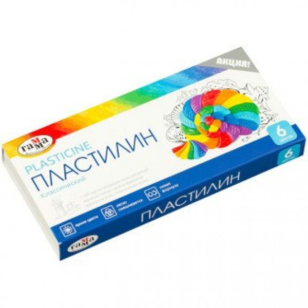Пластилин 6 цветов 120гр Классический со стеком картонная упаковка 281030 Гамма