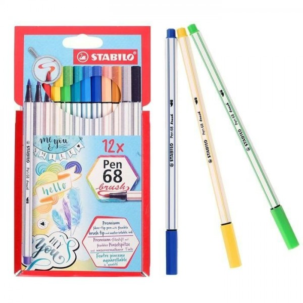 Фломастеры 12 цветов кисточки Pen 68 Brush картонная упаковка 568/12-21 Stabilo