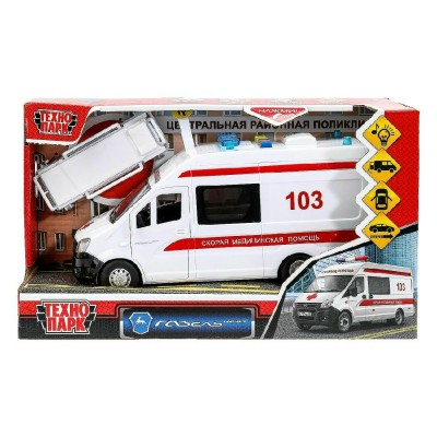 Технопарк Игрушка   Машина. Газель Next Скорая 22,5 см, свет, звук, открываются двери, инерционная NEXTVAN-22PLAMB-WH Китай