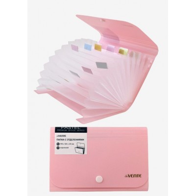 Папка на кнопке 17,8х12х2 12 отделений Pastel Travel-size 700мкм непрозрачная розовая с бумажным цветным индексом 3078008 deVente