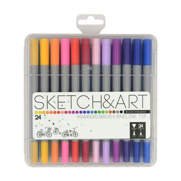Маркер скетч Набор 24 цвета двусторонний пулевидный, линер, Sketch&Art 3-гранный корпус 22-0083 Bruno Visconti 12/48