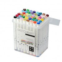 Маркер скетч Набор 48 цветов двусторонний пулевидный, скошенный, Sketch&Art Макси 3-гранный корпус, пластиковый пенал 22-0079 Bruno Visconti