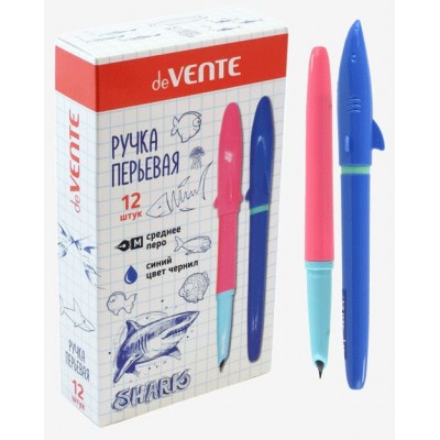 Ручка перьевая Shark перо закрытое, среднее M (Medium) +баллончик 0,8мл синяя  2цв. корп. 5100002 deVente