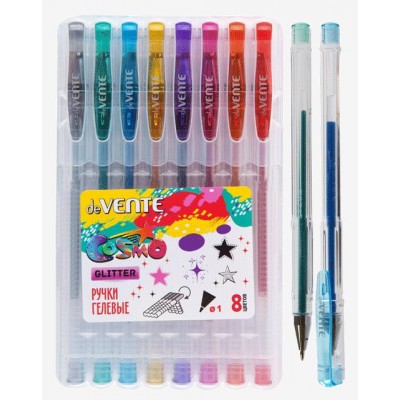 Ручка гелевая Набор 8 цветов Glitter Cosmo блестящий 1мм пластиковая упаковка 5051041 deVente