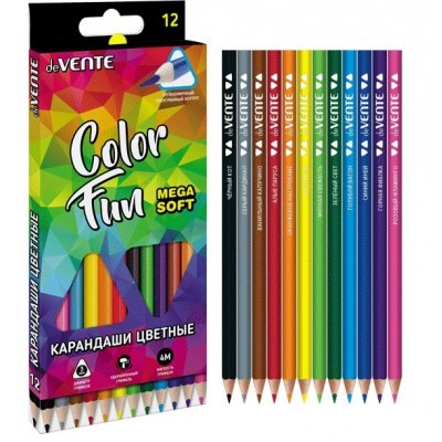 Карандаши цветные 12шт Color Fun 3мм 4М 3-гранные, пластиковые, с запечаткой 5022127 deVente