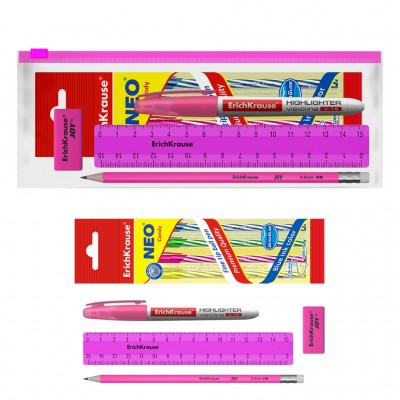 Набор канцелярских принадлежностей 8 предметов Neon Solid роз. линейка 15см + ручка 4шт + карандаш + ластик в Zip пак. 54542 ErichKrause