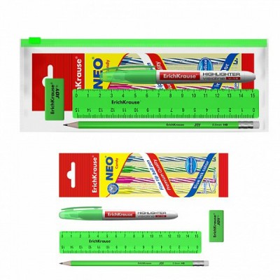 Набор канцелярских принадлежностей 8 предметов Neon Solid зел. линейка 15см + ручка 4шт + карандаш + ластик в Zip пак. 54543 ErichKrause