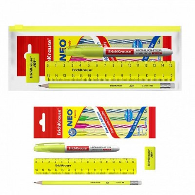 Набор канцелярских принадлежностей 8 предметов Neon Solid желт. линейка 15см + ручка 4шт + карандаш + ластик в Zip пак. 54544 ErichKrause