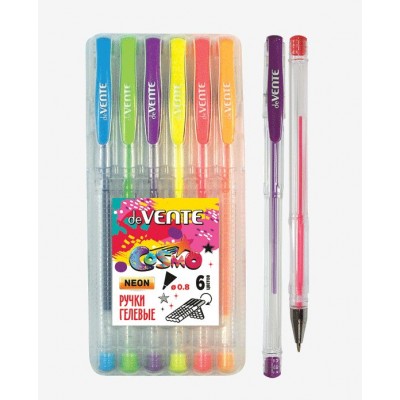 Ручка гелевая Набор 6 цветов Fluo Cosmo флуорисцентные цвета 0,8мм прозрачный корпус, пластиковая упаковка 5051034 deVente