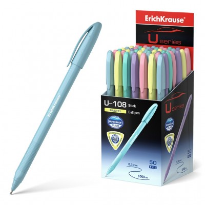 Ручка шариковая U-108 Pastel Stick Ultra Glide Technology синяя 1мм 3-гранная, одноразовая, цветной корпус ассорти 58110 ErichKrause