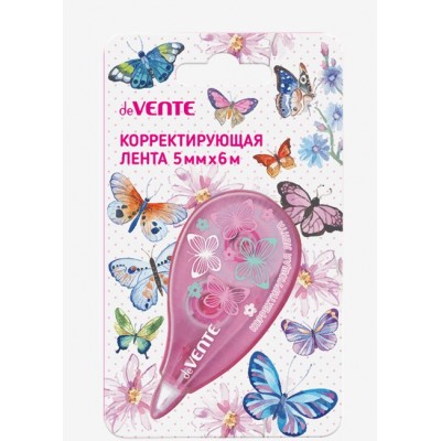 Корректор лента 5мм х6м Butterfly фронтальный аппликатор, розовый прозрачный корпус, блистер 4062204 deVente 12/288