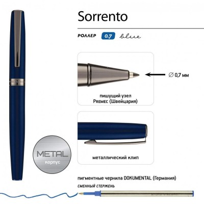 Ручка роллер Sorrento синяя 0,7мм металлический синий корпус 20-0348 Bruno Visconti 10/40