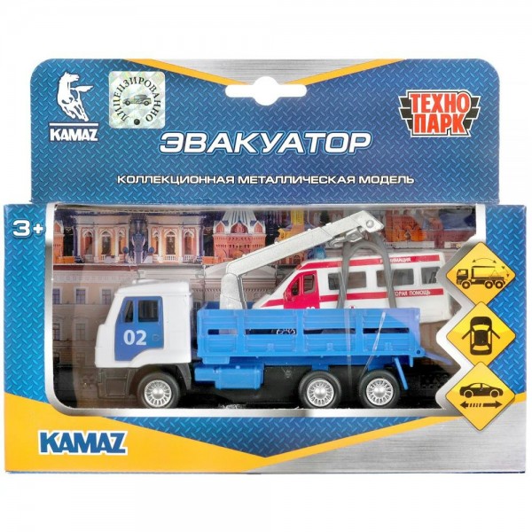 Технопарк Игрушка   Машина KAMAZ эвакуатор со скорой помощью 12 см, 7,5 см, металл, открываются двери, инерционная SB-19-29-D-WB Китай