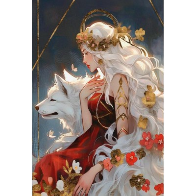 Картина по номерам холст без подрамника 40х50 Девушка с волком с золотой поталью 30 цветов ХП-9776 Рыжий кот