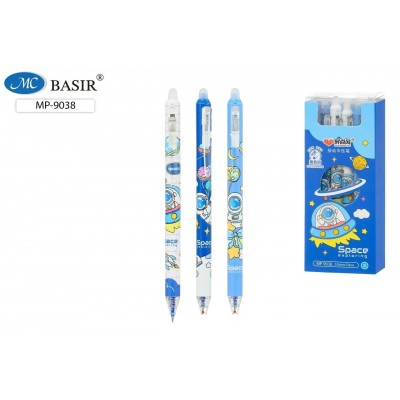 Ручка гелевая Пиши-стирай автоматическая Космос синяя 0,5мм цветной корпус с рисунком ассорти MP-9038 Basir 12/144/576
