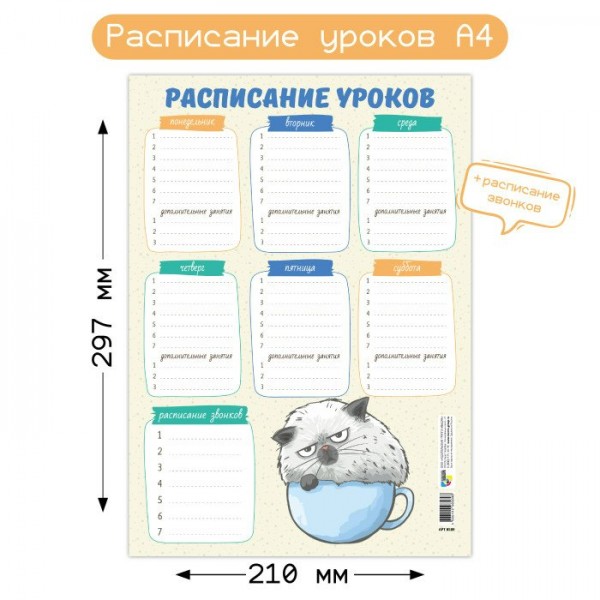 Расписание уроков  А4 Кот мелованная бумага 200г/м2 8589 Квадра