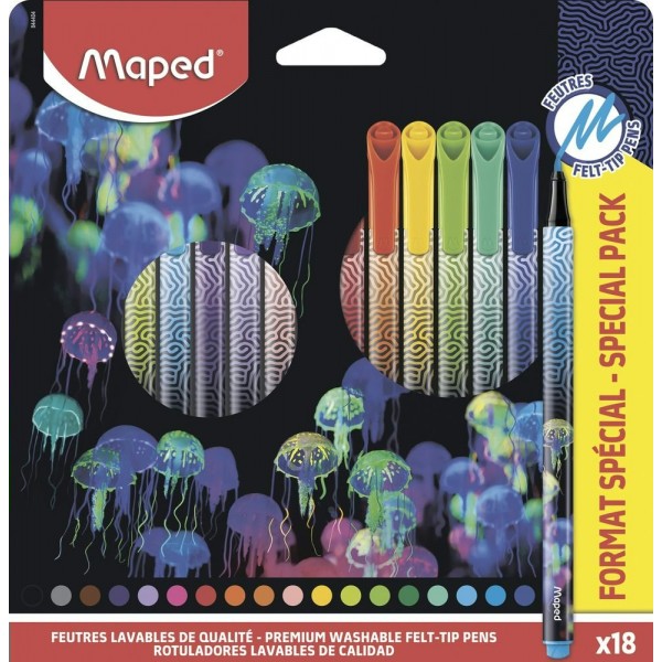 Фломастеры 18 цветов Deepsea Paradise заблокированный средний пишущий узел смываемые в картонной коробке 844404 Maped 12/72