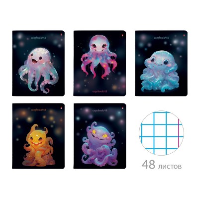 Тетрадь 48 листов А5+ 165х203 клетка OCTOPUS PARTY ассорти матовая ламинация 60г/м2 7-48-1297 Альт 10/60