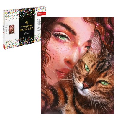 Мозаика алмазная холст на подрамнике 30х40 Девушка с котом полная выкладка 24 цвета 65583 Феникс