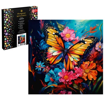 Мозаика алмазная холст на подрамнике 30х30 Яркая бабочка частичная выкладка 19 цветов 65607 Феникс