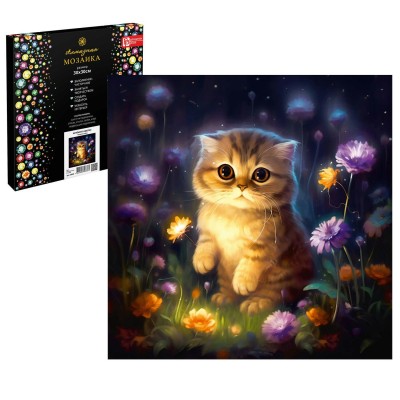 Мозаика алмазная холст на подрамнике 30х30 Котенок в цветах частичная выкладка 16 цветов 65608 Феникс