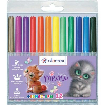 Фломастеры 12 цветов Attomex Meow Cat вентилируемый колпачок, пластиковый блистер 5081437 deVente 24/288