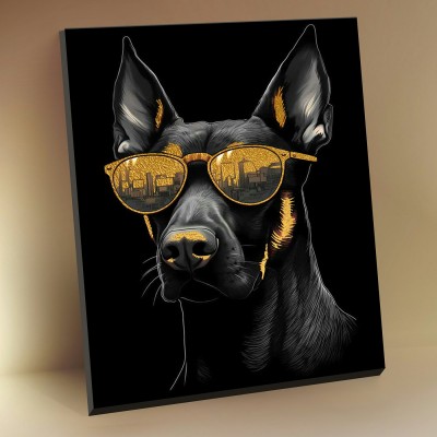 Картина по номерам холст на подрамнике 40х50 Доберман в очках с поталью 16 цветов черный холст BHR0569 Молли