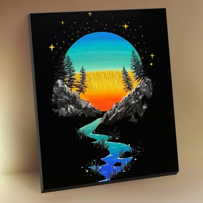 Картина по номерам холст на подрамнике 40х50 Закат в горах с поталью 15 цветов черный холст BHR0576 Молли