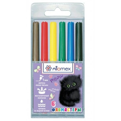 Фломастеры 6 цветов Attomex Meow Cat вентилируемый колпачок, пластиковый блистер 5080437 deVente 24/288