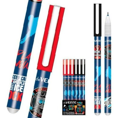 Ручка гелевая Пиши-стирай Hockey синяя 0,5мм, 2 дизайна, корпус с ластиком, сменный стержень 5051440 deVente 12/144/576